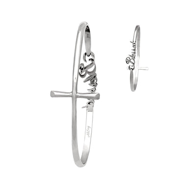 Rhodium Plated Sterling Silver Blessed and Cross Reversible Bangle Bracelet. Style # ASB01RH - AliSey Designs