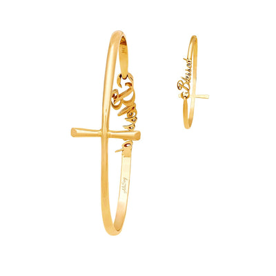 Gold Plated Sterling Silver Blessed and Cross Reversible Bangle Bracelet. Style # ASB01GP - AliSey Designs