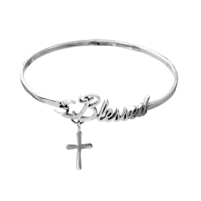 Rhodium Plated Sterling Silver Bangle Blessed Bracelet with Cross Charm. Style # ASB03RH - AliSey Designs