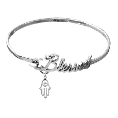 Rhodium Plated 925 Sterling Silver Bangle Blessed Bracelet with Hamsa Charm. Style # ASB05RH - AliSey Designs