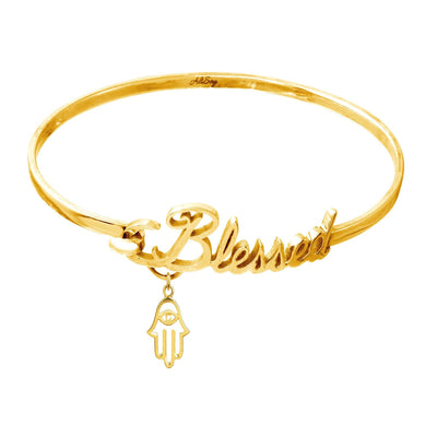 Gold Plated 925 Sterling Silver Bangle Blessed Bracelet with Hamsa Charm. Style # ASB05GP - AliSey Designs
