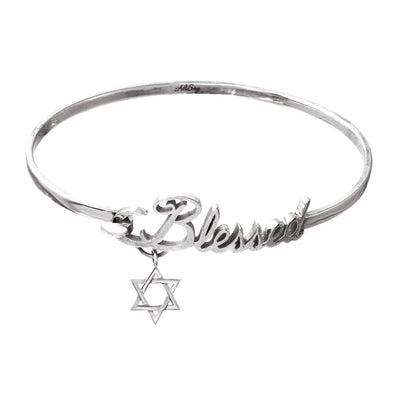 Rhodium Plated Sterling Silver Bangle Blessed Bracelet with Star of David Charm. Style # ASB06RH - AliSey Designs