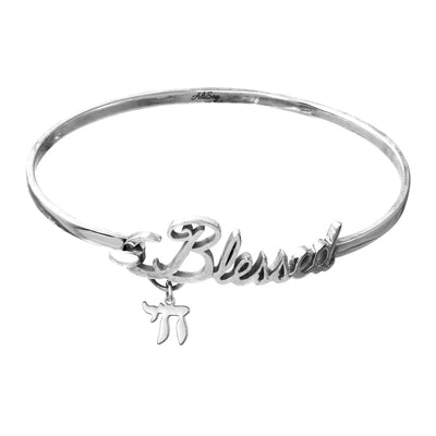 14k White Gold, Bangle Blessed Bracelet with Chai Charm. Style # ASB07WG - AliSey Designs