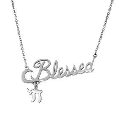 Rhodium Plated Sterling Silver Blessed Pendant With Chai Charm. Style # ASP010RH - AliSey Designs