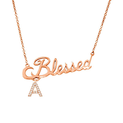 14K Rose Gold Blessed Pendant With Diamond Initial Charm. Style # ASP012RG - AliSey Designs