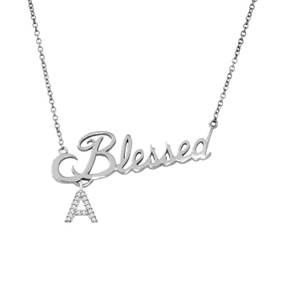 14K White Gold Blessed Pendant With Diamond Initial Charm. Style # ASP012WG - AliSey Designs