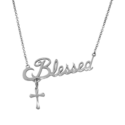 Rhodium Plated Sterling Silver Blessed Pendant With Cross Charm. Style # ASP02RH - AliSey Designs