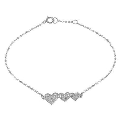 Sterling Silver 925 Rhodium Plated 3 Hearts Chain Bracelet. Style #ASB010RH - AliSey Designs