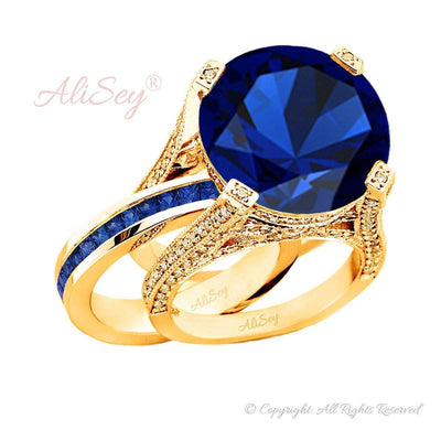 14K Yellow Gold, Blue Sapphire with Diamonds Wedding Set. Style # ASR07YG-BSP - AliSey Designs