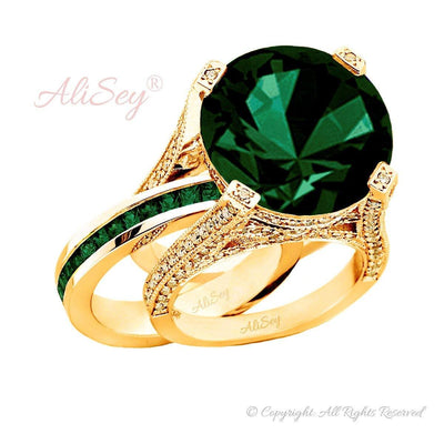 14K Yellow Gold Ring with Emerald and Diamonds Wedding Set. Style # ASR07YG-EM - AliSey Designs