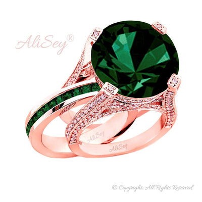 14K Rose Gold Ring with Emerald and Diamonds Wedding Set. Style # ASR07RG-EM - AliSey Designs