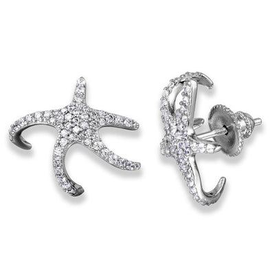Rhodium Plated Sterling Silver Starfish CZ Climbing Earrings. Style # ASE02RH - AliSey Designs