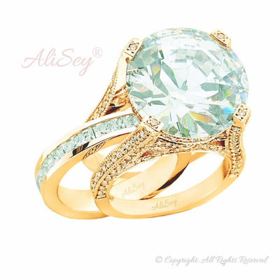 14K Yellow Gold, Green Amethyst with Diamonds Wedding Set. Style # ASR07YG-GAMY - AliSey Designs