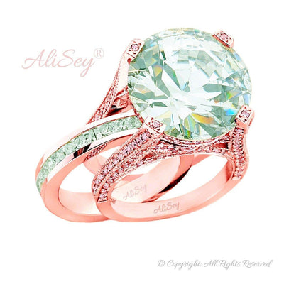 14K Rose Gold, Green Amethyst with Diamonds Wedding Set. Style # ASR07RG-GAMY - AliSey Designs