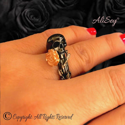 Black Rhodium Skull and Rose ring. Style #ASR014BK-RGP - AliSey Designs