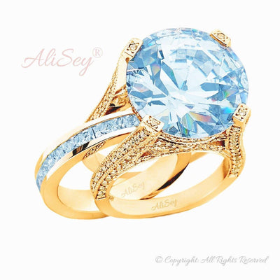 14K Yellow Gold, Sky Blue Topaz with Diamonds Wedding Set. Style # ASR07YG-BTZ - AliSey Designs
