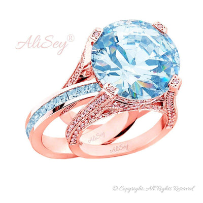 14K Rose Gold, Sky Blue Topaz with Diamonds Wedding Set. Style # ASR07RG-BTZ - AliSey Designs