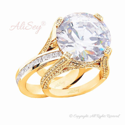 14K Gold Plated Plated Sterling Silver, White Topaz Wedding Set. Style # ASR07GP-WTZ - AliSey Designs