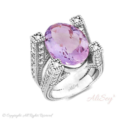 Rhodium Plated Sterling Silver Ring with Amethyst and CZs. Style #ASR01RH-LAMY - AliSey Designs