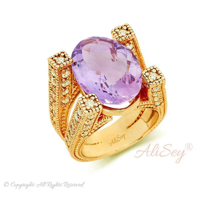 14K Gold Plated Sterling Silver Ring with Amethist and CZs. Style #ASR01GP-LAMY - AliSey Designs