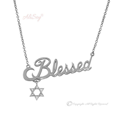 Rhodium Plated Sterling Silver Blessed Pendant With Star of David Charm. Style # ASP09RH - AliSey Designs