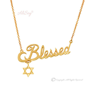 14k Yellow Gold Blessed Pendant With Star of David Charm. Style # ASP09YG - AliSey Designs