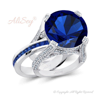 Rhodium Plated 925 Sterling Silver,  Blue Sapphire Wedding Set, Style # ASR07RH-BSP - AliSey Designs