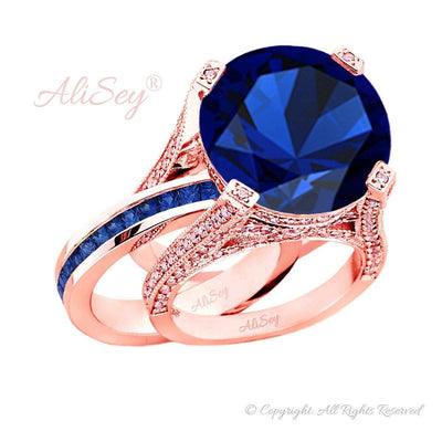 14K Rose Gold, Blue Sapphire with Diamonds Wedding Set. Style # ASR07RG-BSP - AliSey Designs