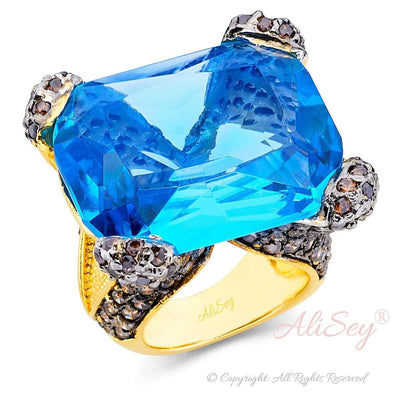 14k Gold Plated Sterling Silver Ring, Blue Topaz with Brown CZs, Style # ASR02GP-BTZ - AliSey Designs