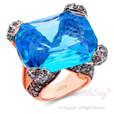 14k Rose Gold Plated Sterling Silver Ring, Blue Topaz with Brown CZs, Style # ASR02RGP-BTZ - AliSey Designs