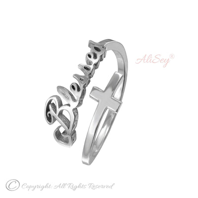 14k White Gold Bypass Blessed and Cross Ring. Style # ASR010WG - AliSey Designs