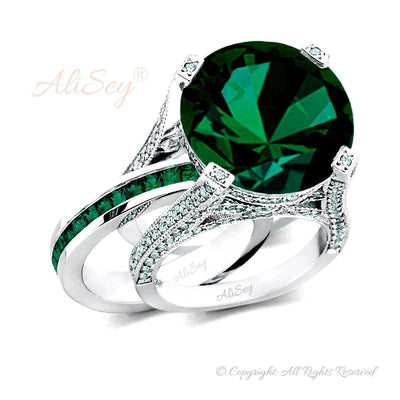 Rhodium Plated 925 Sterling Silver, Emerald Ring Wedding Set, Style # ASR07RH-EM - AliSey Designs