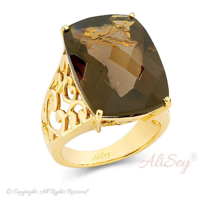14k Gold Plated Sterling Silver, Smoky Topaz Ring. Style # ASR05GP-STZ - AliSey Designs