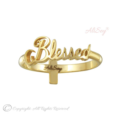 14k Yellow Gold Blessed and Cross Reversible Ring. Style # ASR09YG - AliSey Designs
