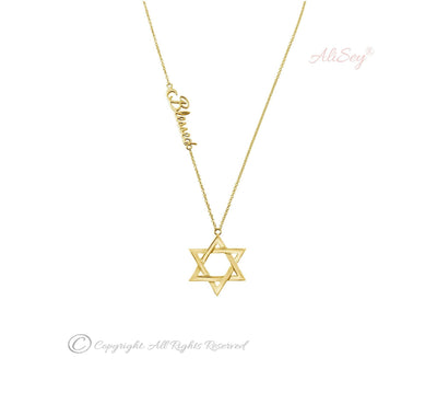14k Yellow Gold Blessed Pendant With Star of David Charm. Style # ASP06YG - AliSey Designs