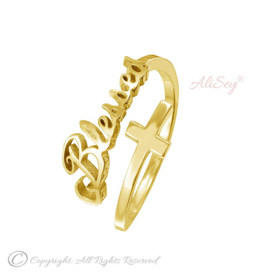14k Yellow Gold Bypass Blessed and Cross Ring, Style # ASR010YG - AliSey Designs