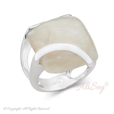 Rhodium Plated Sterling Silver, White Agate Fancy Ring. Style # ASR04RH-WAGT - AliSey Designs